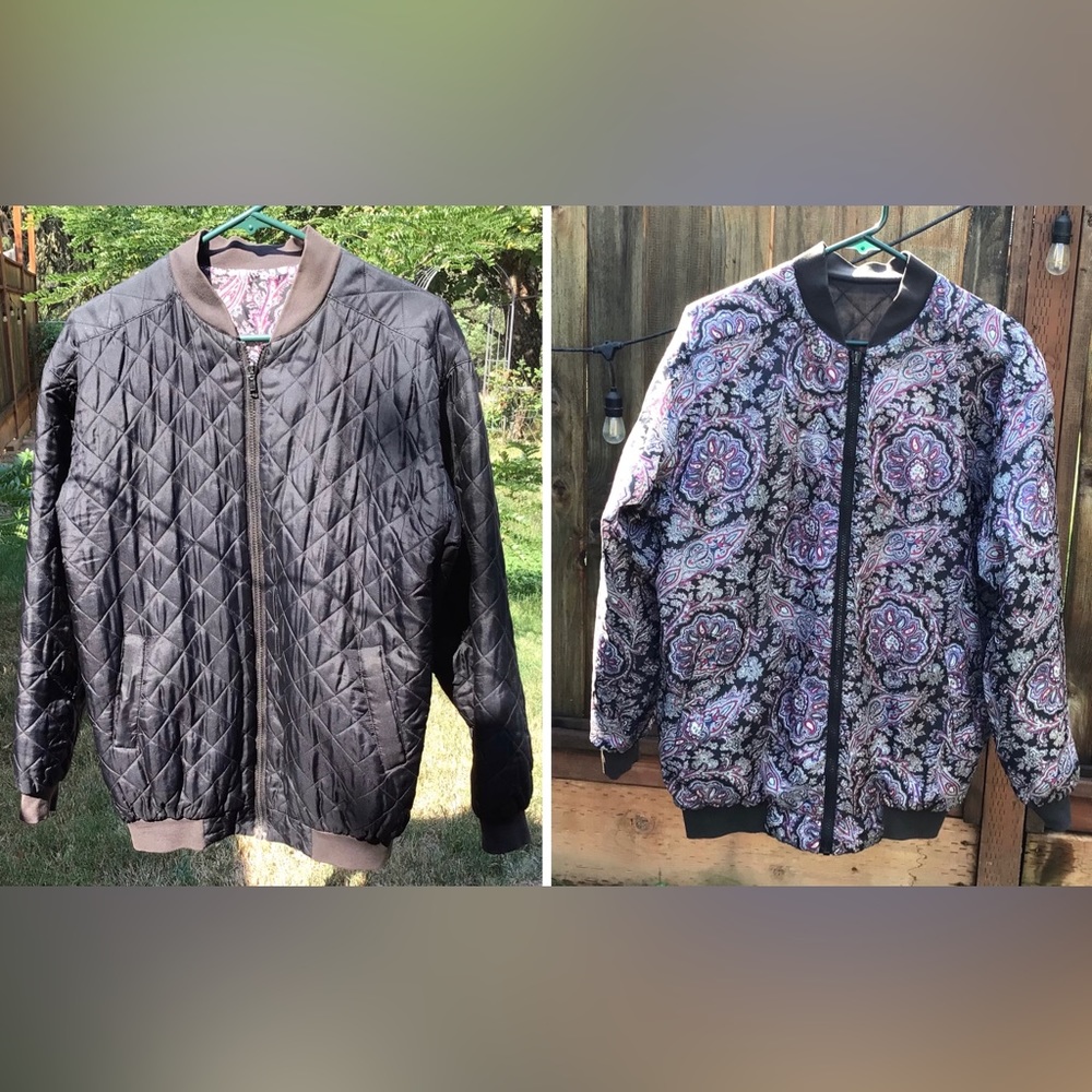 Partners Women's 100% Silk Reversible Black/paisley Light Puffer Jacket Vintage